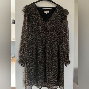 Everly Black Floral Long-Sleeve V-Neck Dress with Ruffle Shoulders